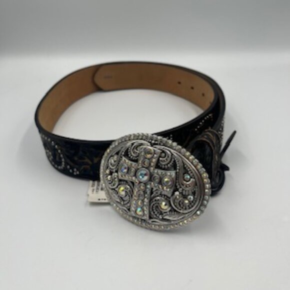 New Justin Women’s Belt Size 34 Brown Leather Crystal Embellished Cross Buckle - Picture 1 of 13